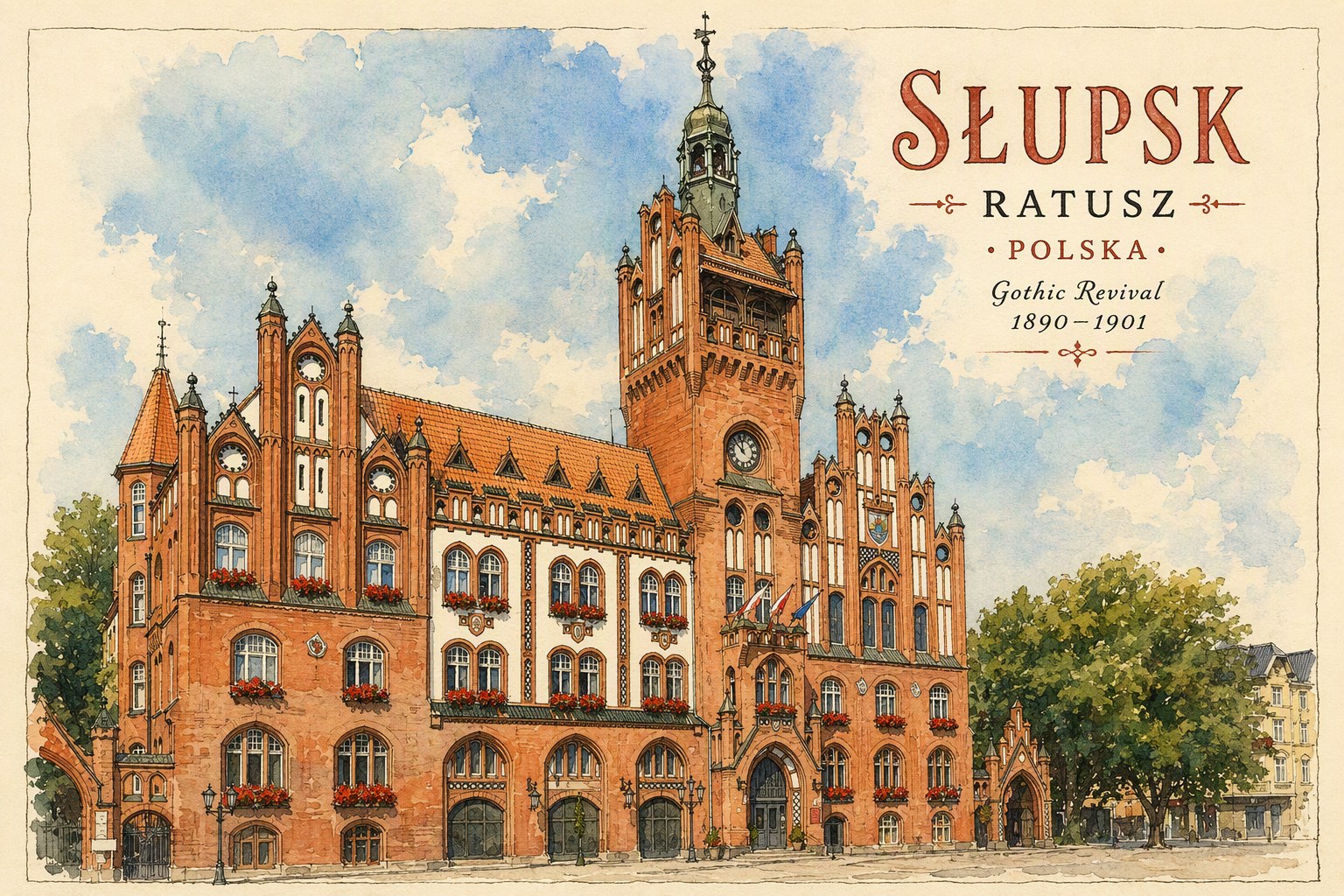 Ratusz w Słupsku - akwarela, Nieruchomości Słupsk